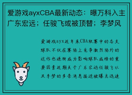 爱游戏ayxCBA最新动态：曝万科入主广东宏远；任骏飞或被顶替；李梦风波后获谅解 - 副本 - 副本