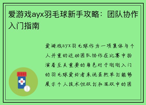 爱游戏ayx羽毛球新手攻略：团队协作入门指南